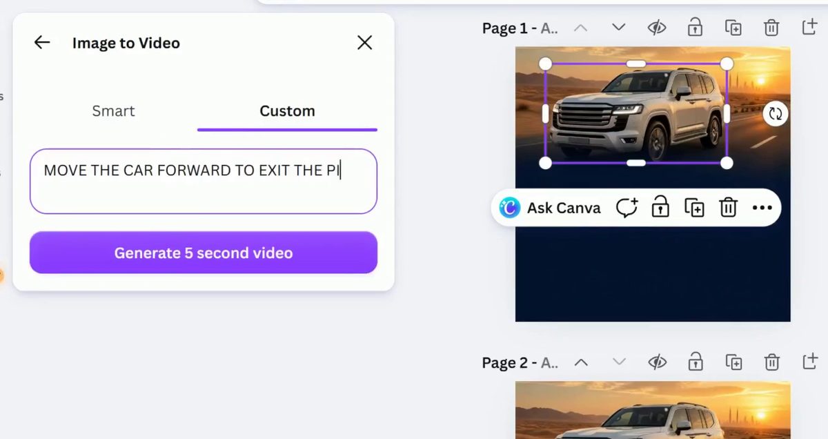 Sample AI visual: the image-to-video prompt screen in Canva