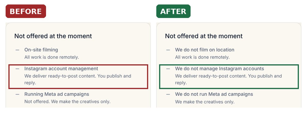 Before: Instagram account management listed as a heading under Not offered. After: We do not manage Instagram accounts