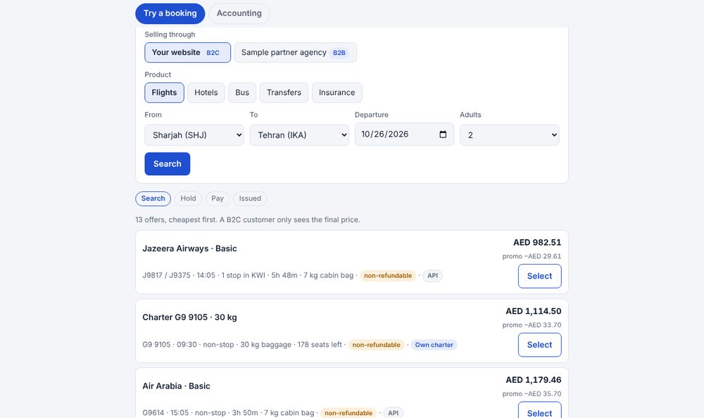 Travel Hub demo, sample data: Booking