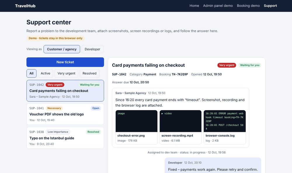 Travel Hub demo, sample data: Support